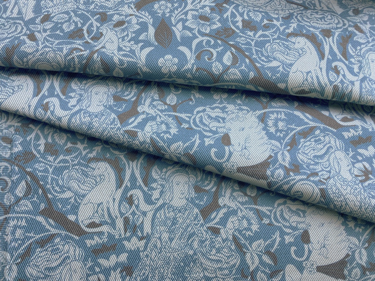 Ткань Джинса   голубого цвета с принтом средневековый орнамент 12719 1