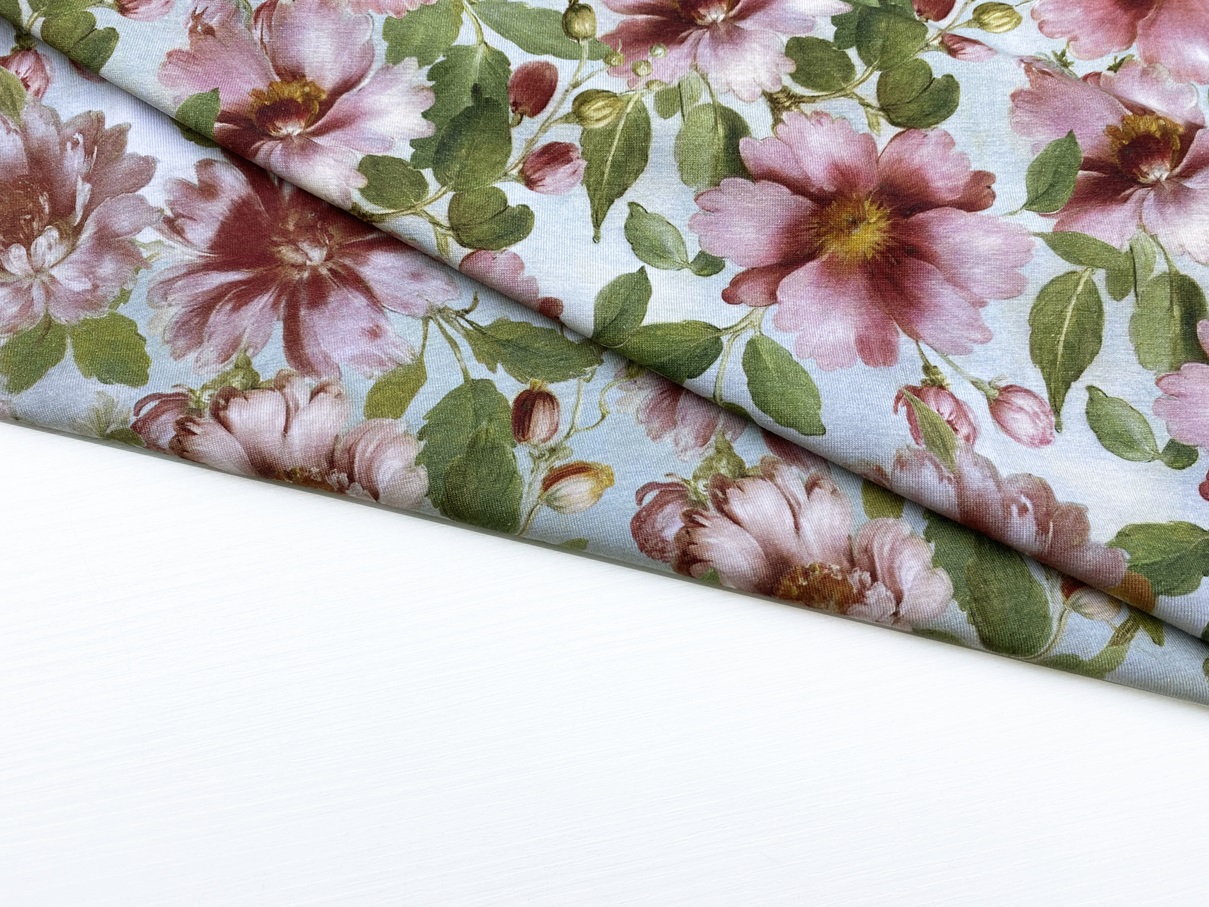 Ткань Трикотаж голубого цвета с принтом розовые цветы 38258 4